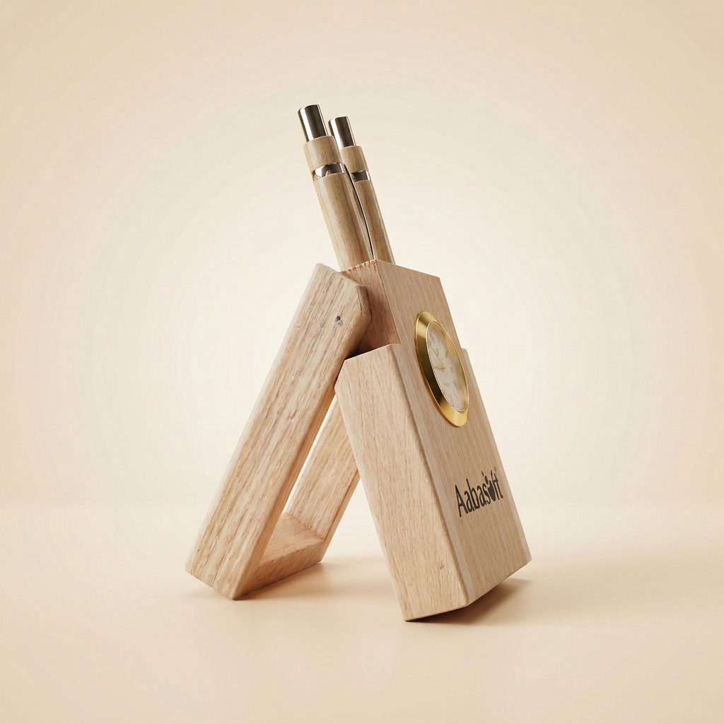 AabaSoft Wooden Desk Organizer with Analog Clock & Pen Holder