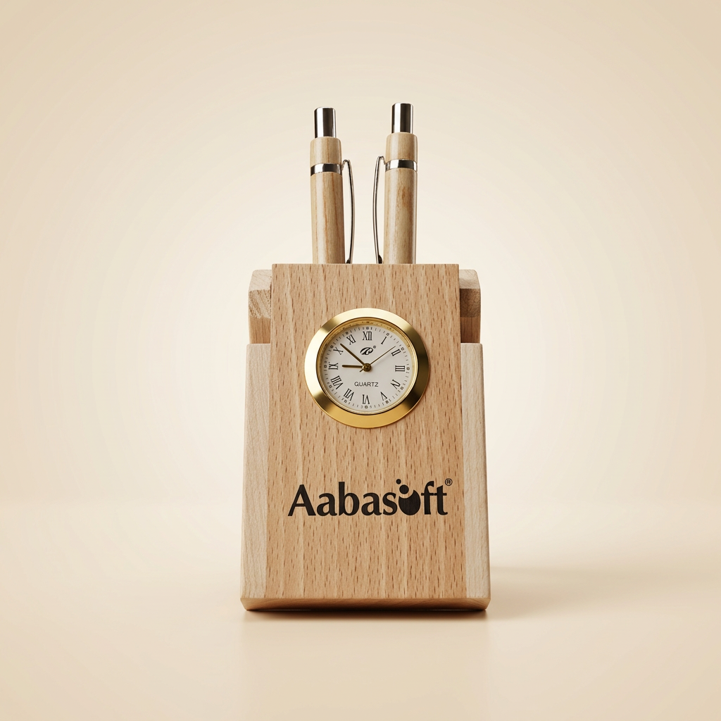 AabaSoft Wooden Desk Organizer with Analog Clock & Pen Holder